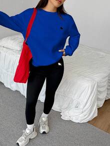 SHEIN EZwear 2件套小马印花宽松圆领运动衫和紧身打底裤 - 寶藍色 - 查看 6