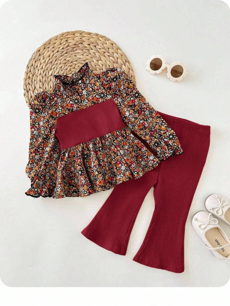 SHEIN Babygirl Ditsy Floral Long Sleeve Shirt Set, Fashionable For Vacation And Party, Autumn/Winter Toddler Girl Two Piece Sets 2pcs Set Toddler Girls Fall Girls Clothes Baby Bell Bottom Outfit Floral Print Red Tops For Baby - Multicolor - View 1