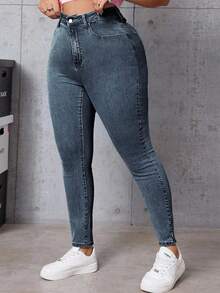 SHEIN ICON 大码女式高腰口袋紧身休闲百搭牛仔裤 - 藍色 - 查看 1