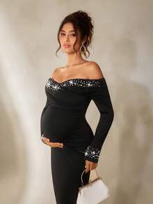 Cheriluna Maternity 纯色串珠长袖露肩优雅开衩孕妇写真亮片连衣裙/优雅派对礼服/黑色连衣裙/冬季连衣裙 - 黑色 - 查看 6