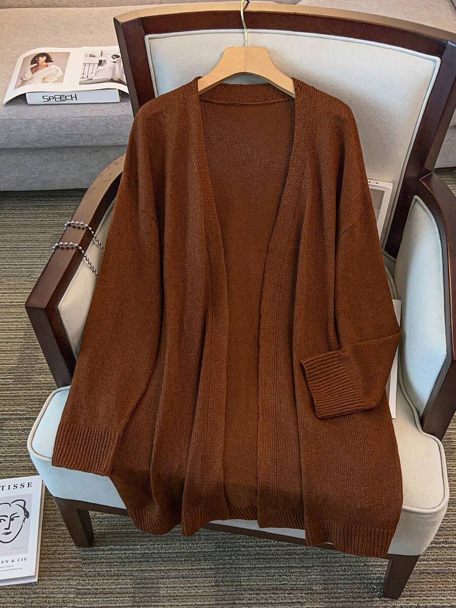 Elenzga 大码女式纯色休闲宽松落肩长袖开衫,秋冬 - 棕色 - 查看 1