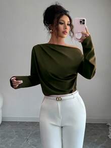 Elenzga 女式秋季新款荷叶边肩长袖衬衫 - 軍綠色 - 查看 6