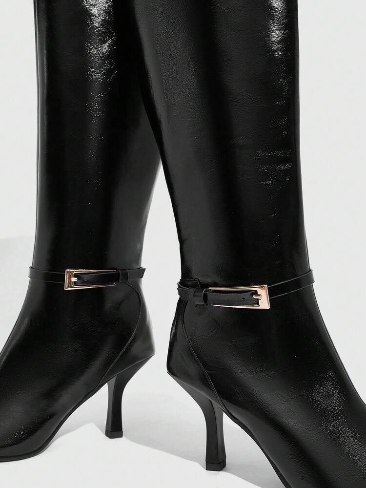 CUCCOO SZL Women's Fashionable Elegant Rhinestone Buckle Pointed Toe Stiletto Knee-High Boots