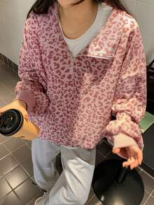 DAZY 女式豹纹灯芯绒领宽松套头休闲运动衫 - 粉色 - 查看 2