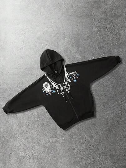 Street Life sweat-shirt à capuche zippé avec graphique croix et slogan vintage pour hommes, style de rue décontracté, automne/hiver