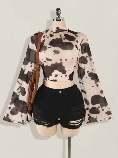 SHEIN ICON Plus Size Women's Vacation Bell Sleeve Cow Print Music Festival Blouse, Boho Chic, Bohemian, Western Wear