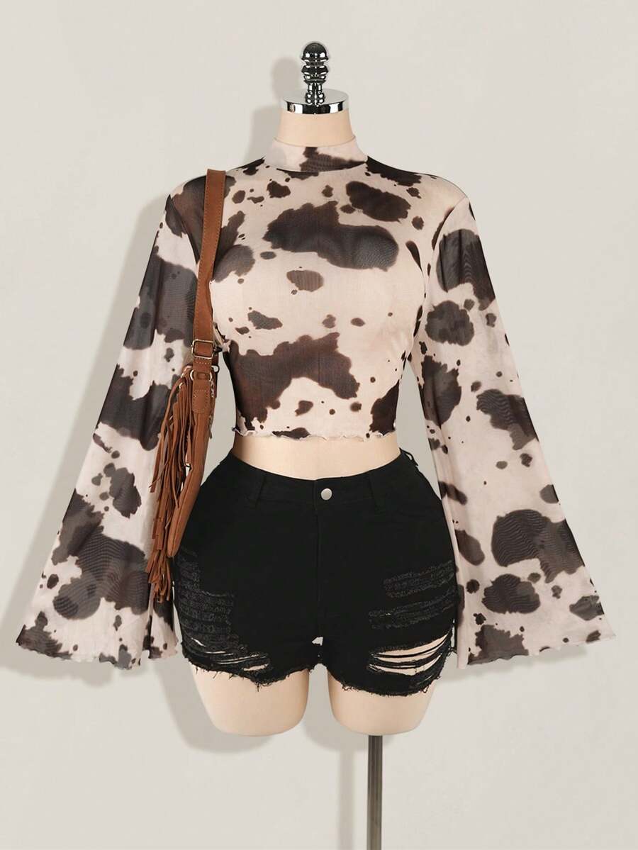 SHEIN ICON 大码女式度假喇叭袖牛纹音乐节衬衫，波西米亚风，西部风 - 彩色 - 查看 1