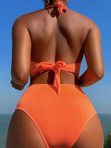 SHEIN Swim Solid Color Sexy Bikini Set, Special Fabric For Beach & Vacation - Orange - View 2