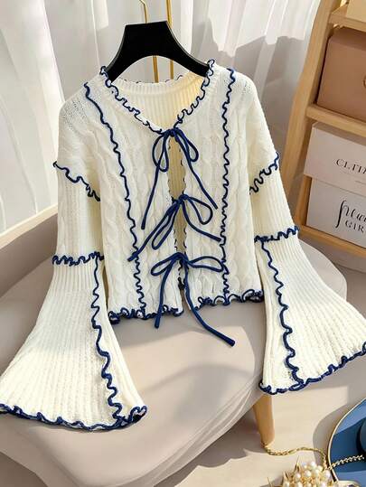 Franclia 大码拼色饰边喇叭袖开衫，秋冬款