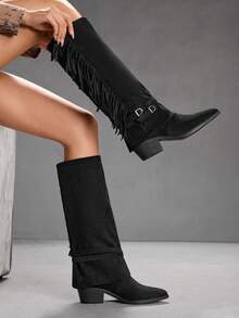 CUCCOO SZL 新款时尚性感尖头流苏高筒黑色靴子，个性优雅及膝靴，秋冬修身百搭舒适时尚靴子 - 黑色 - 查看 2