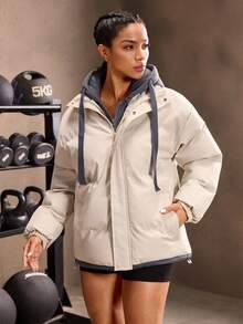 Powerista Women's Long Sleeve Drawstring Hooded Sports Jacket, 2 In 1, Winter - Khaki - View 5