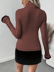 RosyDaze Women's Turtleneck Ruffle Button Design Long Sleeve Knit Pullover Sweater With Bow, Tight Fit Thermal Lining - Rust Brown - View 2