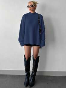 女士休闲简约纯色前短后长毛衣，秋冬 - 藍色 - 查看 4