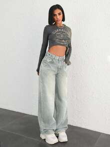 SHEIN Cottnline 100% COTTON HIGH WAIST BUTTON DETAILED WIDE LEG JEAN - Light Wash - View 3