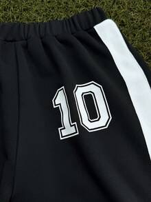 Captain Tsubasa X SHEIN 青少年男孩运动足球数字和图形对比色松紧腰宽松舒适慢跑运动裤 - 黑色 - 查看 5