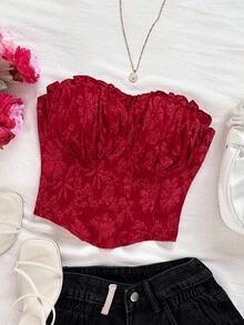 Soleia Damen Urlaub rotes sexy gerafftes strukturiertes Stoff Bandeau Volant Bodycon Top, für Party, Date Night, Valentinstag, Nachmittagstee