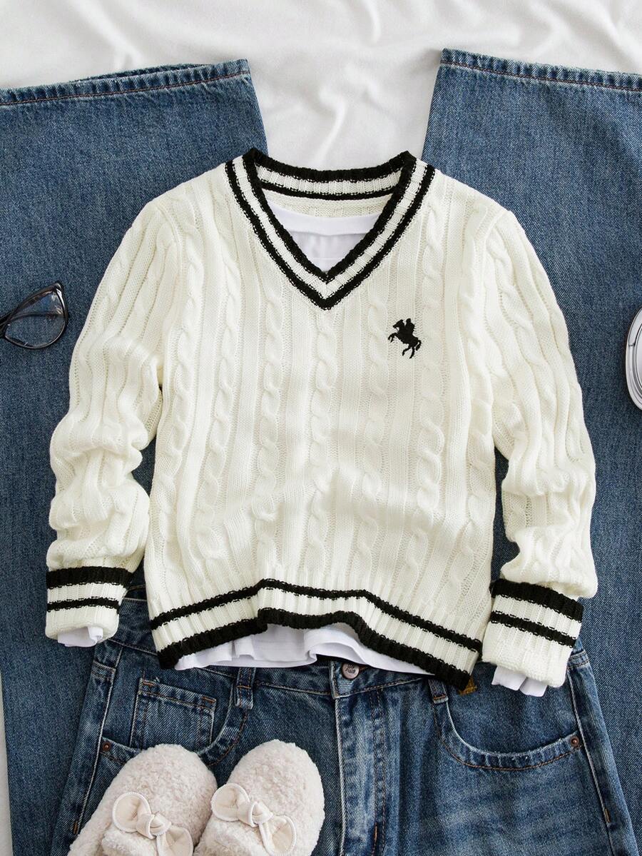 SHEIN Áo len cổ chữ V kẻ sọc thường ngày cho bé gái tuổi mới lớn, phong cách học thuật, mùa thu/đông - Đen và trắng - Xem 1
