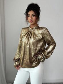 Elenzga Women's Elegant Commuter Gold Floral Lace Crew Neck Ruffle Pearl Button Decor Flare Sleeve Long Sleeve Slim Fit Blouse, Spring/Autumn - Gold - View 6