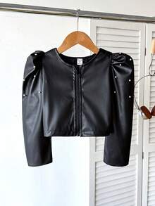 SHEIN Elladie kids Chaqueta corta con cremallera, de cuello redondo y manga raglán, de unicolor, de moda para niñas jóvenes - Negro - Ver 4