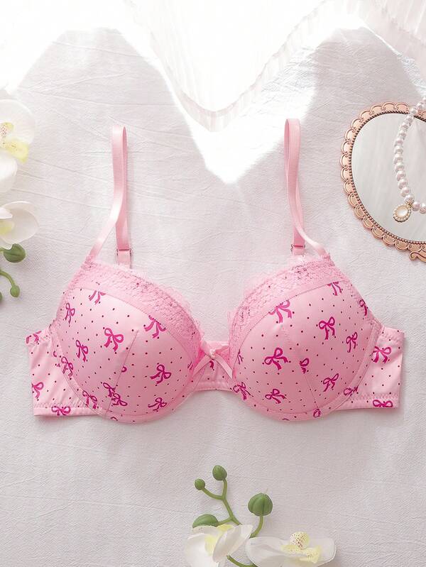 DelicateAllure Pink Lace Patchwork Butterfly Print Underwire Bra With High Support, Lift And Gather For Women