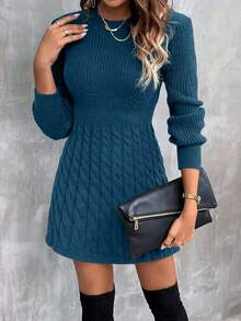 EMERY ROSE Round Neck Cable Knit Leisure Sweater Dress For New Year Clothes - Teal Blue - View 4