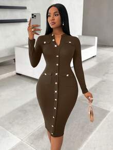 Lyxana Knitted Bodycon Metal Button Embellishment Dress For Women Maxi Women Outfit - Brown - View 4