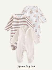 Cozy Pixies Bộ đồ liền thân 3 món cho bé trai/bé gái sơ sinh, họa tiết động vật hoạt hình, chất liệu mềm mại, cổ tròn, tay dài, áo liền thân có khóa kéo, quần áo mùa thu cho bé, trang phục sơ sinh unisex, bộ đồ ngủ họa tiết gấu, đồ mặc nhà kẻ sọc, bộ đồ ngủ nhiều món cho trẻ sơ sinh. - Màu Khaki - Xem 4
