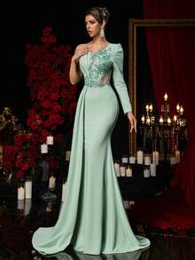Glamrae Elegant Dark Green Textured Knit Dress,Handmade Sequin Applique Embellishments,One-Shoulder Puffy Long-Sleeved Fishtail Skirt With Train Evening Gown - Green - View 7
