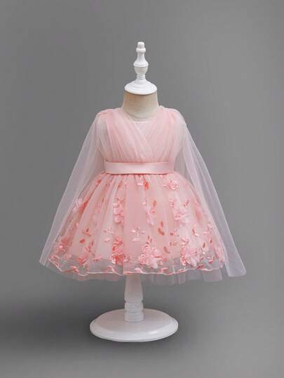 SHEIN Glamorique Kids 女婴香槟色刺绣网纱薄纱连衣裙（带披肩），公主花童连衣裙，适合婚礼、派对、生日、正式场合