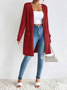 SHEIN Essnce Abrigo con bolsillos dobles y frente abierto sin camiseta interior para otoño/invierno - Rosa Roja - Ver 5