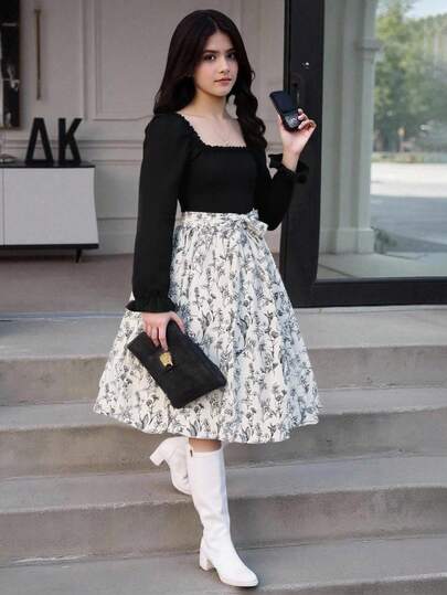 SHEIN Tween Girls Elegant Ruffle Hemline Long Sleeve Dress With Belt, Suitable For Everyday, Holiday Parties, And Dances,Holiday,Summer,Travel