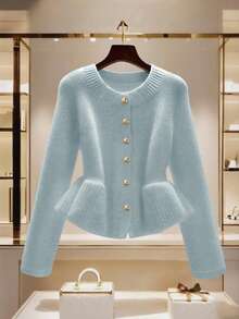 GlowEve White Sweater Women Chic Waist Ruffle Hem Short Cardigan, Unique Metal Button Decor, Fashionable Ladies Knit Jacket