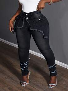 Slaydiva Celana Jeans Skinny Fashion Wanita Ukuran Plus dengan Hiasan Rumbai Patchwork - Grey - View 5
