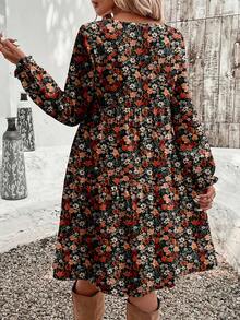 EMERY ROSE Casual Minimalist Ditsy Floral Pattern Loose Fit Round Neck Plus Size Dress, Suitable For Autumn/Winter - Black - View 2
