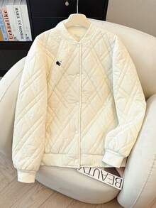 INAWLY 精致乳白色绗缝刺绣棒球领短款羽绒服