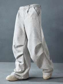 ROMWE MEN Casual 男士秋冬街头休闲褶皱阔腿宽松针织裤带口袋 - 灰色 - 查看 1