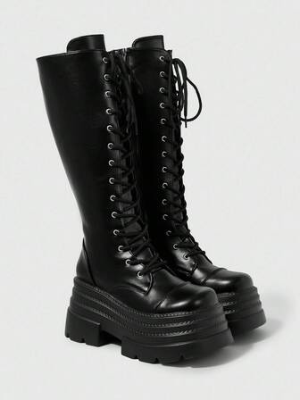 Grunge Punk Stivali gotici scuri da donna con cinturini incrociati, stivali alti da abito da festa con superficie in pelle, stivali da equitazione con fibbia, stivali alti sopra il ginocchio, Ognissanti