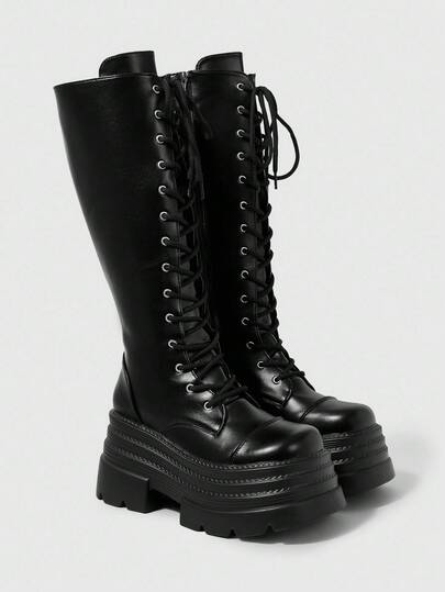 Grunge Punk Stivali gotici scuri da donna con cinturini incrociati, stivali alti da abito da festa con superficie in pelle, stivali da equitazione con fibbia, stivali alti sopra il ginocchio, Ognissanti