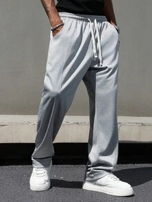 Manfinity EMRG Men's Casual Solid Color Drawstring Waist Sweatpants Loose Straight Leg Grey Summer Baggy Gym Oversized Pants Streetwear - Light Grey - View 6