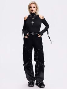 Breakform 女式休闲哥特式高领露肩长袖系带修身短款 T 恤，适合日常外出 - 黑色 - 查看 4