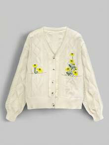 Flirla Plus Size Women's V-Neck Floral Embroidered Batwing Casual Cardigan, Fall/Winter Autumn