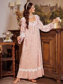 PalaceNights 女士宽松长袖睡裙，天鹅绒刺绣花卉饰边，荷叶边下摆，秋冬睡衣，宽松睡裙 - 粉色 - 查看 1