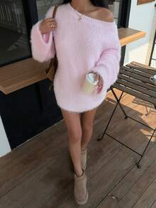 Ritzy Row 2025 女装秋冬新款时尚宽松休闲法式浪漫仿毛针织毛衣 - 粉色 - 查看 4