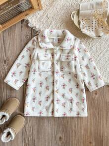 SHEIN 1pc Baby Girl Casual Daily Style Fall For Girl, Warmer Colorful Flower-Printing White Fabric Fleece Button Coat - Multicolor - View 8