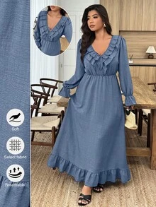 Weeklong Plus Size Women Solid Color Ruffle Collar Front Tie Long Sleeve Elegant Dress - Blue - View 1