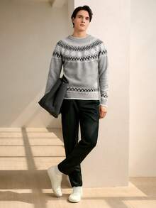 RONVEXI Men's Grey Autumn Smart Casual Fair Isle Snowflake Pattern Sweater,Retro Loose Fit Icelandic Noble Sweater For Vacation Gift For Boyfriend Husband - Multicolor - View 5