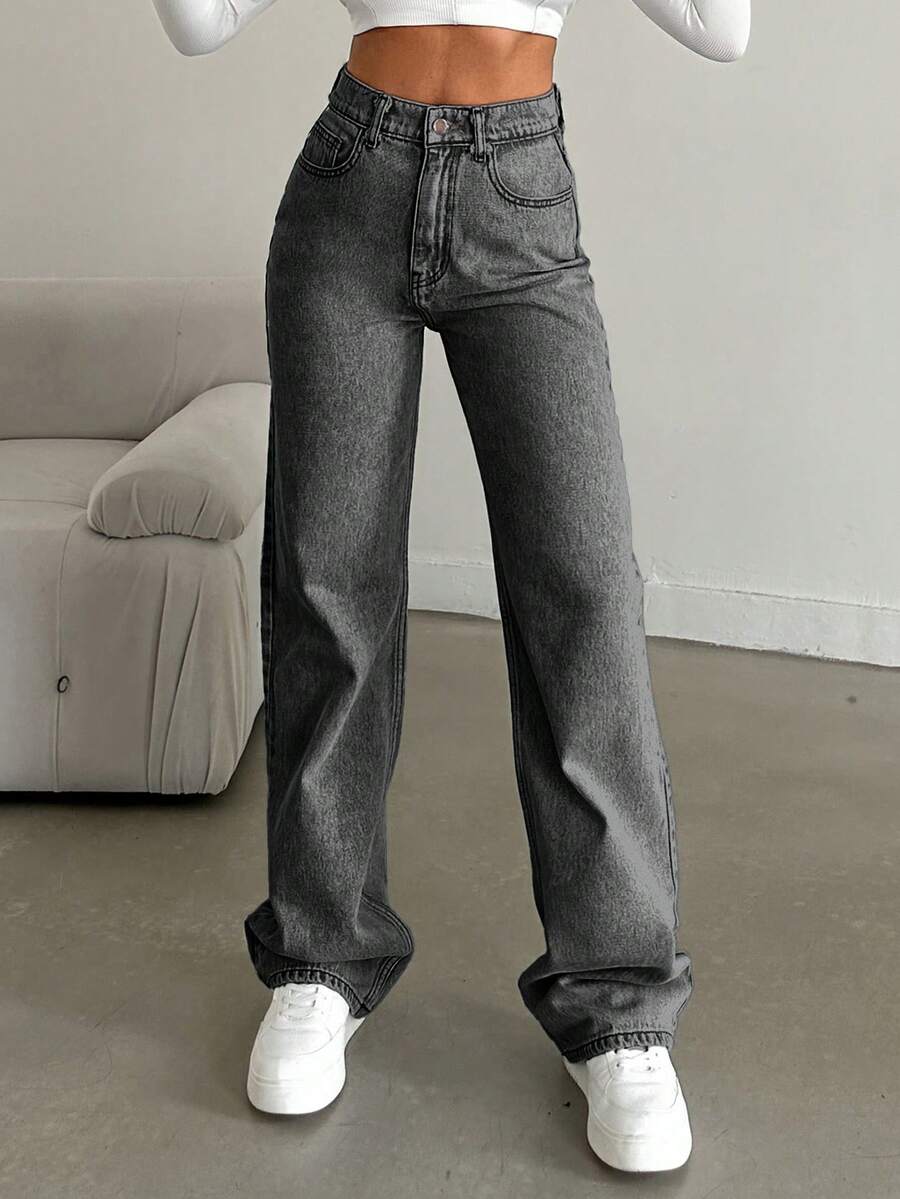 EURMUSE 100%Cotton Straight Leg Jeans Snow Wash - Grey - View 1