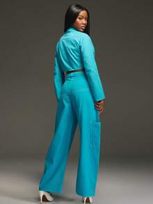 NYA SZN Dela 牛仔夹克上衣长袖拉链修身牛仔裤高腰直筒宽松超大宽松复古 90 年代 Y2K 街头服饰秋冬霓虹女装 - 藍色 - 查看 2