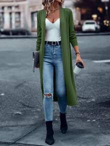 SHEIN LUNE 女式纯色简约长袖超长开衫，适合日常穿着和度假穿着 - 綠色 - 查看 6