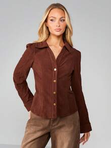 MISSGUIDED Ribbed Button Up Cardigan Jacket With Gold Button Accents Casual Fall Winter Layering Piece - Brown - View 4